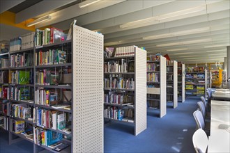 Rows of bookshelves in the city library