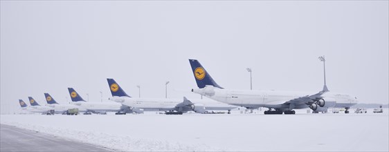 Lufthansa aircrafts in parking position in the snow