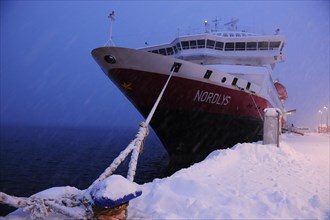 Hurtigruten ship Norlys in snow drifting