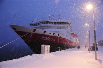 Hurtigruten ship Norlys in snow drifting