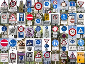 Collage of various road signs and signs for cyclists