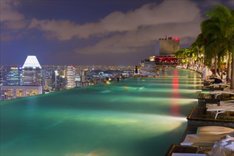 Downtown central financial district at night viewed from the Infinity pool of the Marina Bay Sands
