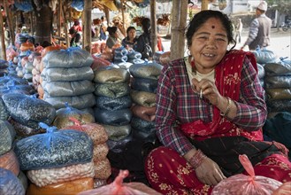 Nepalese woman at a market stall selling pulses