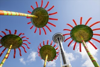 Space Needle and glass flowers at the Seattle Center