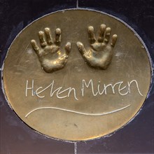 Handprints of British actress Helen Mirren on the floor in front of a London cinema