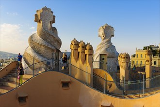 Sculpted ventilation shafts on the roof of Casa Mila
