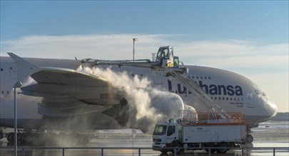 Lufthansa Airbus A380-841 during deicing at Frankfurt Airport