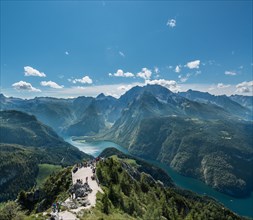 Observation deck with views of Konigssee Lake and Mt Watzmann from Mt Jenner