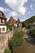 Oberhof Chapel and half-timbered houses on the river Weiss