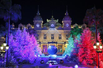 Square of the Monte-Carlo Casino at Christmas time with illuminated Christmas trees