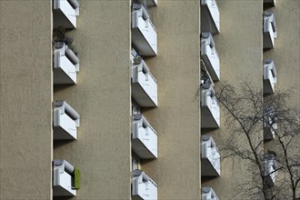Concrete balconies of a high-rise residential apartment building from the seventies in the satellite city of Neuperlach