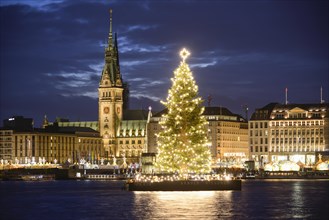 Binnenalster lake with Christmas tree and Town Hall at Christmas time