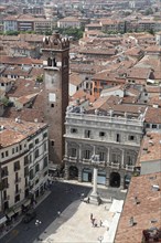 View from the Torre dei Lamberti to the Piazza delle Erbe with Palazzo Maffei and the Torre del Gardello