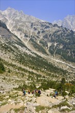 Group of people hiking a trail in the Albanian Alps