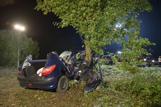 The wreckage of a Peugeot after fatally crashing into a tree