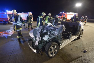 Wreck of a Mercedes B-Class vehicle after a traffic accident on the A8 motorway