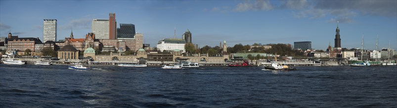 Panoramic view of the old Elbe Tunnel with the Landing Stages and St. Michael's Church or Michel