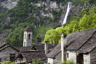 Hamlet of Foroglio with a waterfall in the Bavona Valley