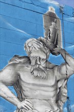 Greek mythical figure Sisyphus carrying a paint spray can
