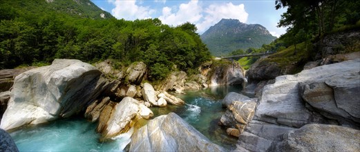 Rocky alpine foothills stream in the remote valley of Val Verzasca
