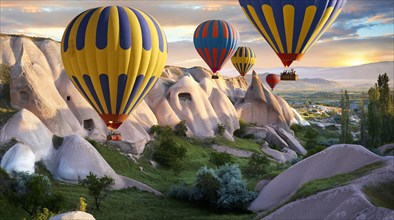 Hot air balloons over Goreme volcanic tuff rock formations at dawn