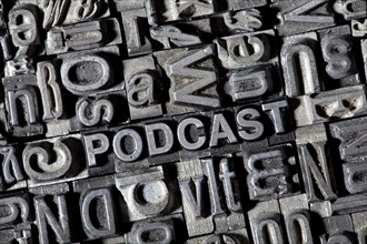 Old lead letters forming the word 'PODCAST'