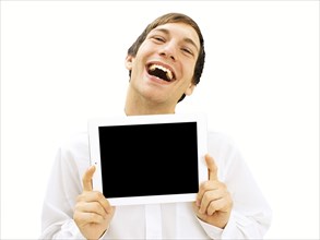 Happy man holding an iPad