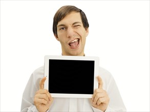 Winking man holding an iPad