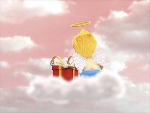 Angel sitting on a cloud with a gift
