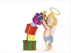 Angel holding a stack of gifts tipping over
