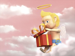 Angel sitting on a cloud opening a gift