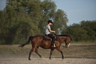 Woman riding a trotting Quarter Horse