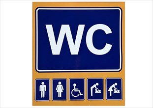 Toilet sign with pictograms for separate baby changing facilities for men and women