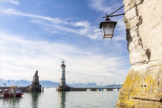 Lantern on Mangturm tower looking towards the harbour entrance of Lindau on Lake Constance