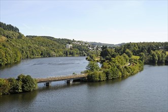 View of Biggetalsperre dam and Biggesee as seen from Talbruecke Ronnewinkel bridge