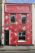 Facade of house painted with birds and flowers