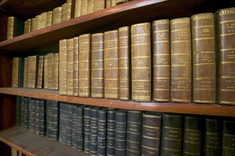 Shelves with volumes of old books