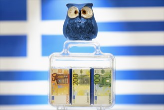 Owl on a suitcase full of money in front of a Greek flag