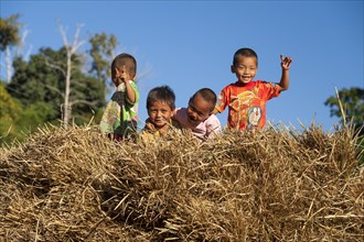 Children playing on a haystack
