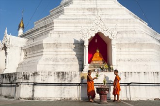 Young Buddhist monks with offerings in front of a Pagoda or Chedi