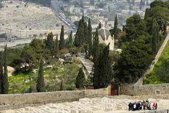 View from the Mount of Olives over the Jewish cemetery on the Dominus Flevit Church