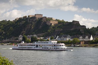 Stolzenfels excursion boat on the Rhine river in front of Ehrenbreitstein Castle