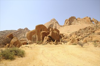 Savannah landscape with granite rocks and Spitzkoppe Mountain