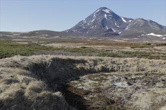 Foundations of Ainu dwelling and tundra on volcanic island