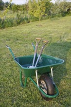 Wheelbarrow with spade and fork on garden lawn