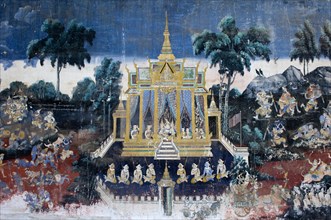 Mural depicting scenes from the Khmer version or Reamker version of the classic Indian Ramayana epos in the covered gallery of the Silver Pagoda