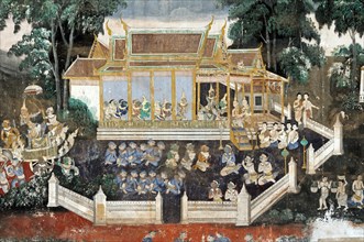 Mural depicting scenes from the Khmer version or Reamker version of the classic Indian Ramayana epos in the covered gallery of the Silver Pagoda