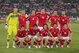 The Austrian team during the national anthem before the WC qualifier soccer game on September 11