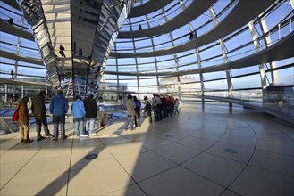 Interior with the mirrored central column of the dome of the Reichstag building