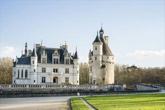 Front of Chateau de Chenonceau castle and Tour des Marques